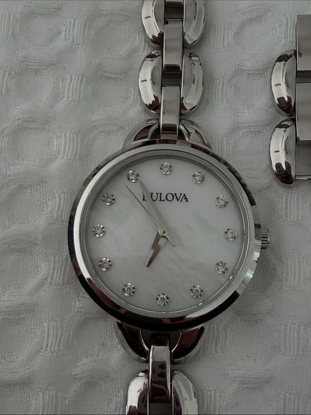 Bulova Women's Silver Tone Bracelet Watch with White Dial and Crystal Markers